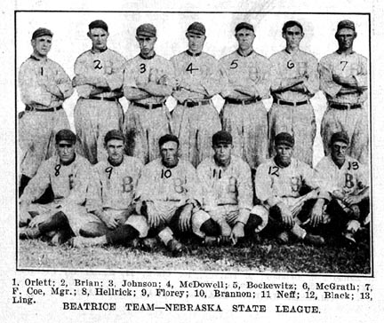 nebraska State baseball league beatrice 
milkskimmers 1914